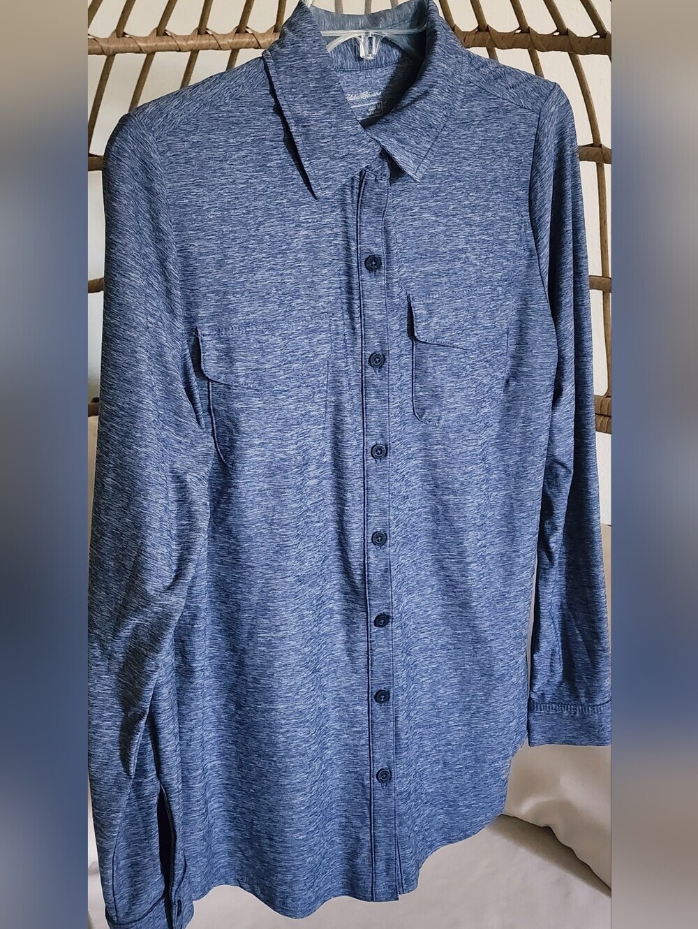Eddie Bauer Button Front Women's Shirt Heather Blue Long Cuff Sleeves Sz M